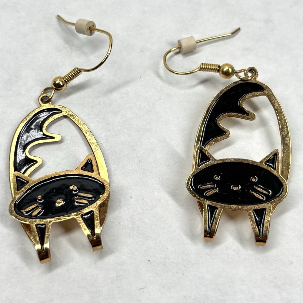 3D Kitty Cat Dangle Earrings Pierced Black Enamel‎ Vintage Pre 2000's EUC